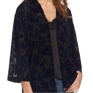 HINGE Seattle Size M/L Navy & Black Floral Velvet Burnout Open Cardigan Kimono